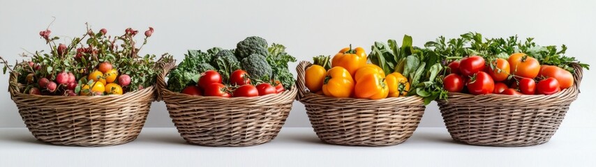 Vibrant Harvest Display, full-body arrangement of seasonal vegetables in woven baskets, showcasing fresh produce against a clean white background, emphasizing colors and textures.