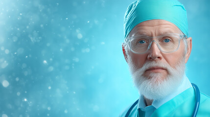Experienced surgeon in scrubs against a blue background