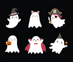 Collection of cute ghosts isolated on black background. Ghosts in various costumes for Halloween. Vector flat illustration in hand drawn style.