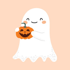 Cute ghost with a pumpkin. Halloween Theme. Children's Vector flat illustration in hand drawn style isolated on background.