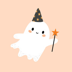 Cute Halloween ghost. Ghost in wizard costume. Print, design element. Child vector flat illustration in hand drawn style isolated on background.