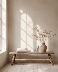 Scandinavian Living Room with Vintage Bench and Bohemian Decor, 3D Render