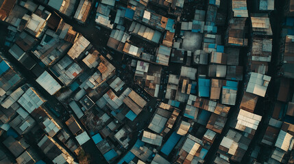 Aerial view of a densely populated slum showing poverty and overpopulation