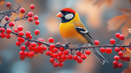 goldfinch sitting on a branch of an autumn tree, rowan berries, fall background, season, september, october, bird, wings, animal, forest, nature, wallpaper, beauty, feathers, ornithology