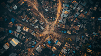 Crowded crossroads in impoverished slum from above