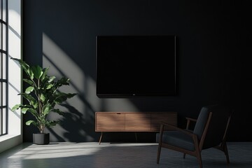 Modern Living Room Interior with Television on Cabinet and Armchair in Minimalist Scandinavian Design