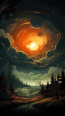 Whimsical sunset over a forest