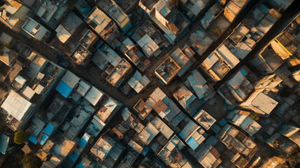 Drone photography capturing densely packed buildings in india at sunset