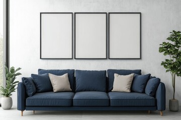 Minimalist Living Room Poster Mockup with Vertical Frames on White Wall