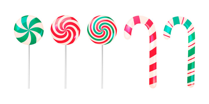 Christmas sweets, candy cane and lollipops vector set. Isolated illustrations of traditional striped candies, winter holiday sweet treat