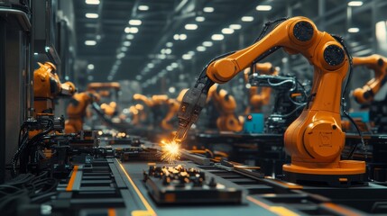 Fototapeta premium Robotic Arms in Automated Factory Assembly Line