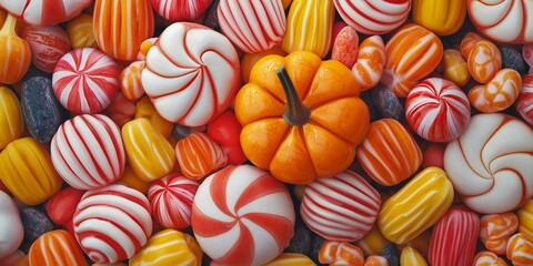 A colorful assortment of Halloween candies surrounding a small pumpkin, creating a festive and joyful visual treat.