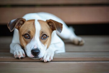 A dog lies comfortably on a wooden deck, showcasing a calm and peaceful demeanor. Outdoor setting with natural vibes.
