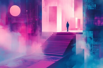 Silhouette of a man standing on a staircase in a futuristic, neon lit, abstract landscape