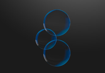 Abstract luminous circles, balls. Blue color, dark background. 3d rendering on the theme of design, minimal style, minimalism, wallpaper.