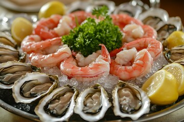 Fresh Oysters and Shrimp Platter with Lemon and Parsley