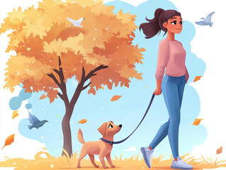 Woman Walking a Dog on a Leash in a Park During Fall
