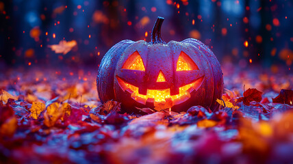 purple halloween pumpkin on a black background, halloween theme scene, scary pumpkin stock