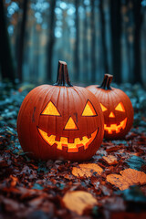 halloween pumpkin in a forest, halloween theme scene, scary pumpkin stock