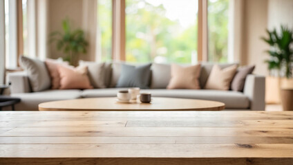 Empty Beautiful wood table top and blur bokeh modern living room interior background in clean and bright