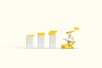Geometric shapes, columns with an up arrow and a shape top. 3d rendering on the topic of business, work, dashboards, analytics, statistics. Beige background.