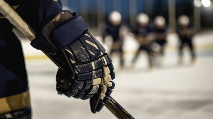 Close-up of a hockey player's gloved hand gripping a stick, with teammates blurred in the background. The image emphasizes teamwork, readiness, and focus during the game