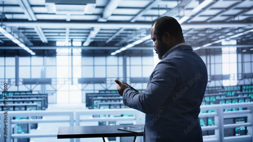 Poster system administrator in server room establishment installing newly ordered storage unit. software de