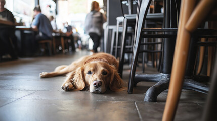 Golden retriever lying on the floor of a cozy cafe with people in the background, creating a relaxed and welcoming atmosphere