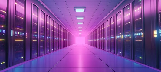 Fototapeta premium Neon Lights illuminate Server Room Corridor