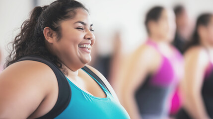Smiling woman in a plus-size workout outfit enjoying a group fitness class with others in the background, radiating confidence and positivity