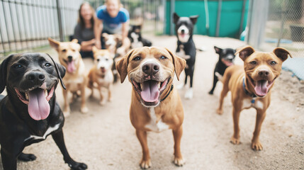 Group of happy dogs at a dog shelter looking at the camera with their tongues out, radiating excitement and joy with blurred people in the background