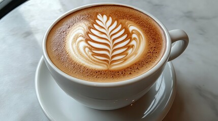 A Cup of Latte with a Detailed Leaf Design