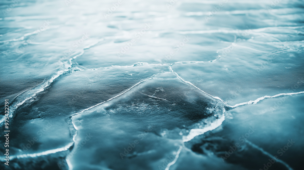 Wall mural close-up view of cracked ice surface with intricate patterns, highlighting the texture and cool tone