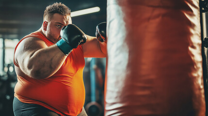 Focused man practicing boxing with punching bag in gym wearing gloves and intense expression