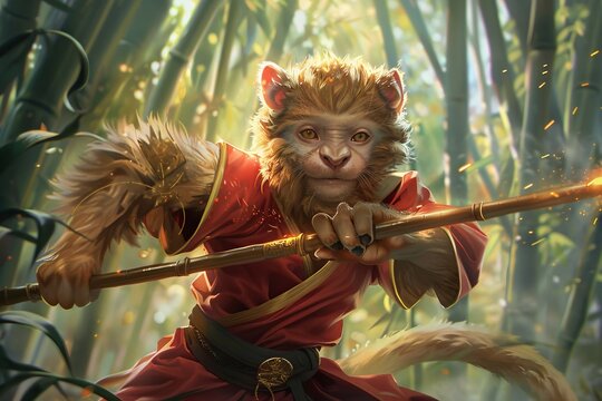 A young Sun Wukong, practicing with his golden cudgel