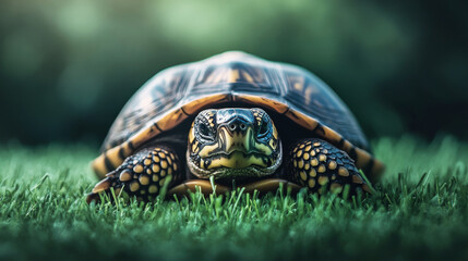Obraz premium Close-up of a tortoise resting on vibrant green grass with detailed patterns on its shell and textured skin, looking directly at the camera