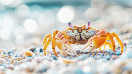 Fototapeta premium Vibrant crab with orange claws standing on a pebble-covered beach, with sunlight reflecting off the water in the background