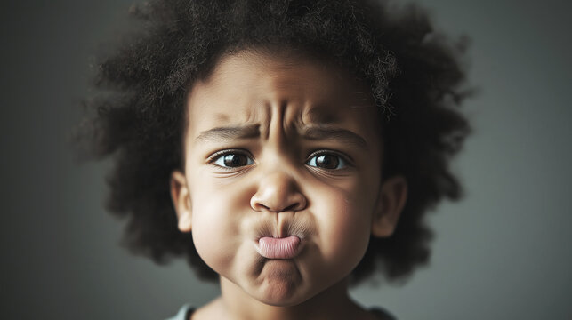 Child with curly hair making a funny, scrunched-up face, displaying a playful expression with puckered lips and furrowed brows