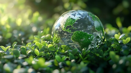 Glass globe with earth image surrounded by green plants, nature and environmental protection concept
