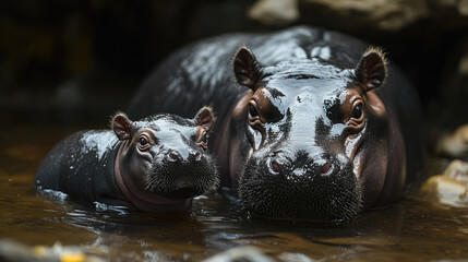 Fototapeta premium photo of baby pygmy hippopotamus in reserve, zoo, wildlife, animal, park, ecology, zoology, swamp, ungulate mammal, habitat, forest, grass