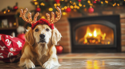 Golden retriever wearing reindeer antlers lying in front of a cozy fireplace with Christmas decorations and lights in the background