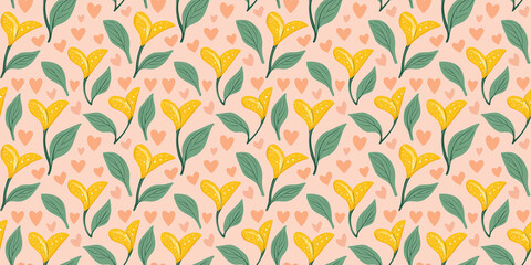 seamless pattern of small bright yellow calalilies with mint green leaves on a blush pink heart-patterned background
