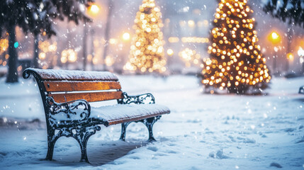 Snow-covered park bench in a wintery scene with illuminated Christmas trees and snowfall creating a peaceful holiday atmosphere