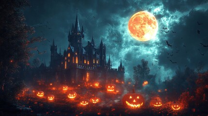 A Haunted Castle Under a Blood Moon with Jack-O'-Lanterns in the Forest