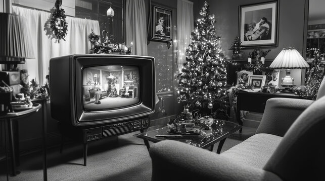 Black and white vintage living room with an old television showing a holiday scene, decorated Christmas tree, and festive ornaments