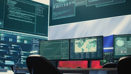 Surveillance and hacking room with a Russian flag on big screen, representing cyber espionage and...