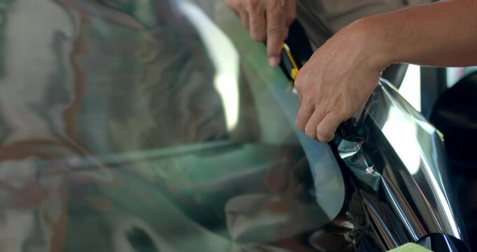 Apply the film to the outside of the car window to measure the size before actually installing it.Cut the car film with a cutter knife.