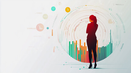 Abstract business woman stands on the peak of success amid tall, innovative Smart city and graphs with statistics to analyze business potential and predict future developments in company growth.