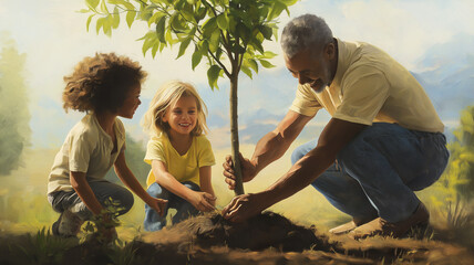 Arbor day planting family planting a tree together on Arbor Day