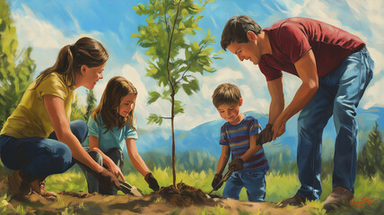 Arbor day planting family planting a tree together on Arbor Day